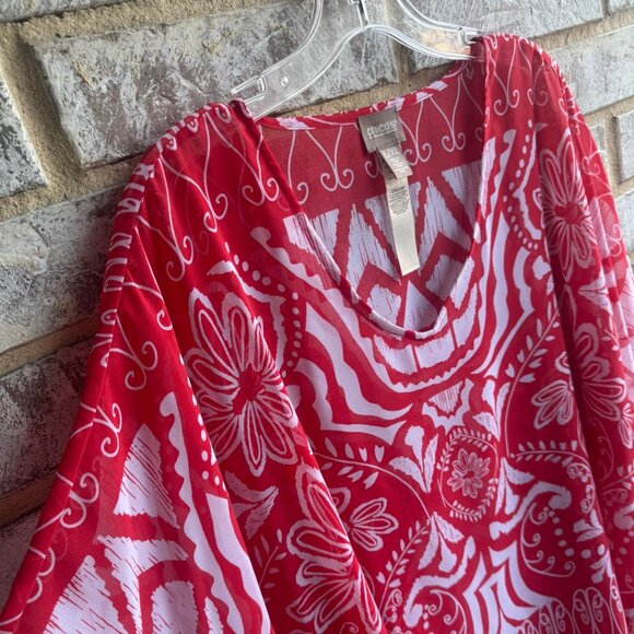 Chico's Red/White Floral Geo V-Neck Cover Up Sheer Blouse Size L/XL. - Picture 5 of 7